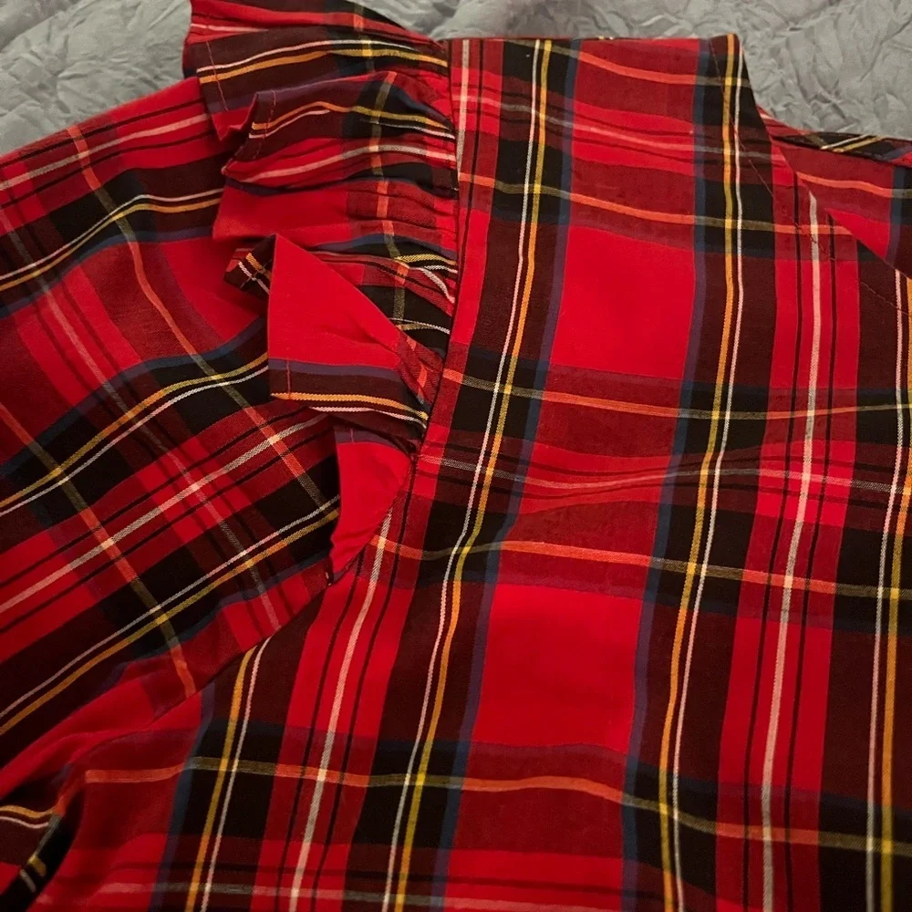 J. Crew Red Plaid Long Sleeve Ruffle Top. Womens XS